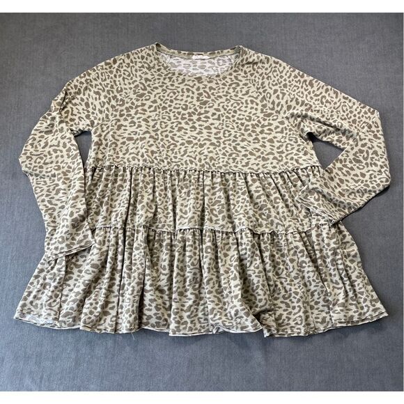 Easel Ruffle Tiered Babydoll Tunic Top L Beige Leopard Print Long Sleeve Boho - Picture 1 of 8